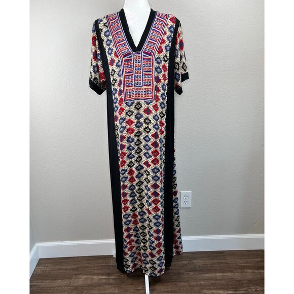 ALM Black Multi Abstract Embroidered V-Neck Boho Ethnic Kaftan Maxi Dress Large - Picture 12 of 13